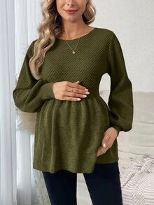 SHEIN 孕婦休閒純色燈籠袖針織衫，秋冬款 - 綠色 - 查看 1