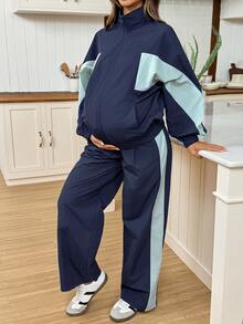 SHEIN Maternity Colorblock Zipper Front Jacket And Adjustable Waist Long Pants Casual 2 Pieces Set - Multicolor - View 7