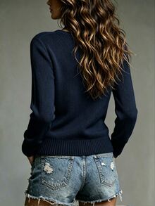 LUMIGAL Women's Solid Color Overlap V-Neck Long Sleeve Casual Sweater - Navy Blue - View 2