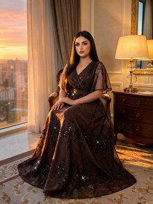 Auveirra Plus Size Elegant Sequin Party Dress - Brown - View 3