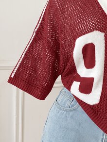 SHEIN EZwear 大尺碼女款數位印花落肩針織鏤空上衣 - 紅色 - 查看 4