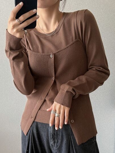 FRIFUL Women's Solid Color Knit Camisole & Long Sleeve Sweater 2 Pieces Set