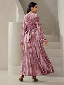 Veilorie فستان نسائي أنيق بتصميم عربي بياقة دائرية وأكمام واسعة وتصميم متقاطع عند الخصر - وردي - مشاهدة 2