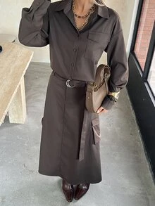 DAZY 女款純色落肩長袖單排扣襯衫與工裝裙休閒兩件套 秋季 - 灰色 - 查看 1