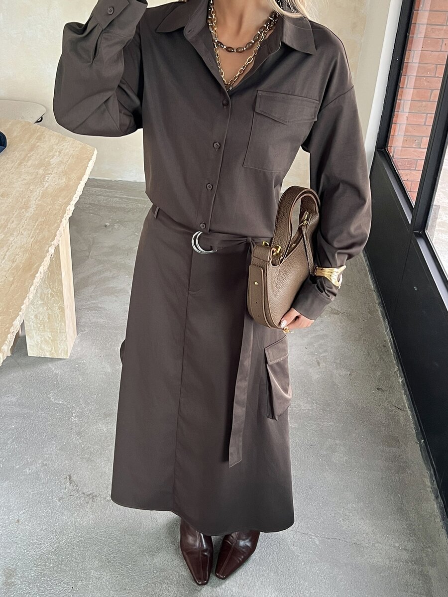 DAZY 女款純色落肩長袖單排扣襯衫與工裝裙休閒兩件套 秋季 - 灰色 - 查看 1