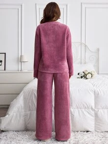 SHEIN Solid Color Cute Sleepy Bunny Moon Embroideried Plush Casual Fuzzy Pajama Set - Navy Blue - View 2