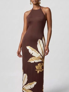 CAJUNI Gaun Panjang Bordir Emas untuk Liburan yang Elegan - Coklat - View 6