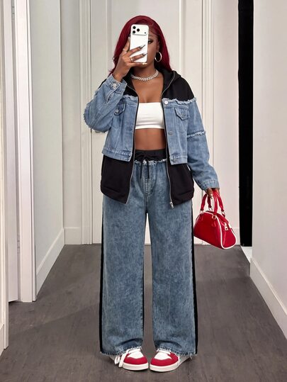 Slaydiva Plus-Size Women's High-Waisted, Loose-Fit, Wide-Leg Denim Jeans In Blue With Color-Block Lace-Up Detailing.Autumn