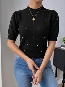 SHEIN Raffinéa ملابس علوية نسائية بلون موحد بأكمام قصيرة على شكل بتلات كاجوال مزينة بالخرز من الصوف المحبوك - الأسود - مشاهدة 5