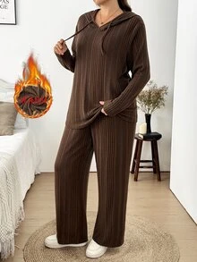 Easowa Curve Plus Size Autumn/Winter Casual Solid Color Hoodie & Pants 2 Pieces Set - Coffee Brown - View 8