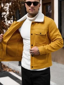 Manfinity CasualCool 男士羊毛領翻蓋口袋時尚橘色長袖外套，秋冬款 - 橘色 - 查看 8