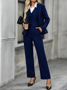 EMERY ROSE Women's Solid Color Single-Breasted Lapel NeckJacket, Vest And Pants Casual Suit Set Autumn Winter - Navy Blue - View 11