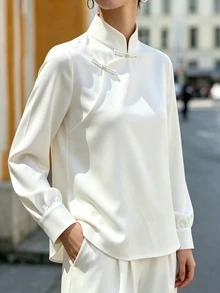 SHEIN Women's Solid Color Long Sleeve Elegant Frog Button Decor Blouse - Beige - View 4