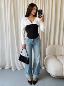 Coastalzia Two Tone V Neck Ruched Long Sleeve Corset Top, Color Block Button Front Slim Fitted Crop Blouse - Multicolor - View 1