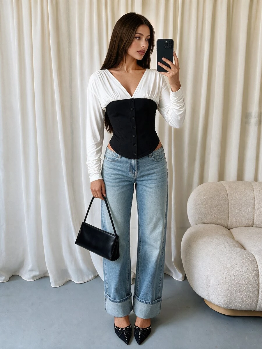 Coastalzia Two Tone V Neck Ruched Long Sleeve Corset Top, Color Block Button Front Slim Fitted Crop Blouse - Multicolor - View 1