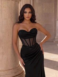 Coutiva Women's Fishbone Mesh Rhinestone Embellished Sexy Elegant Evening Dress - Black - View 1