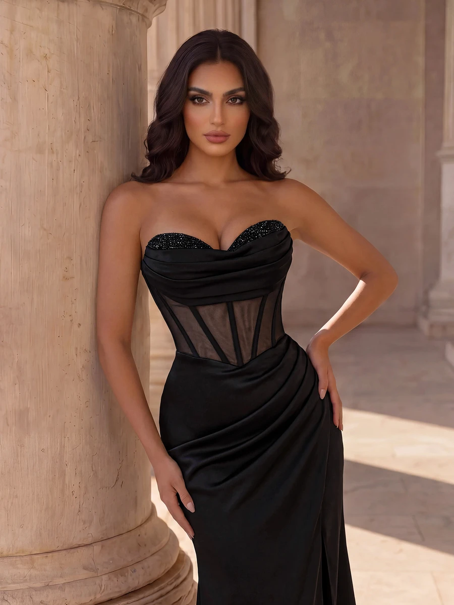 Coutiva Women's Fishbone Mesh Rhinestone Embellished Sexy Elegant Evening Dress - Black - View 1