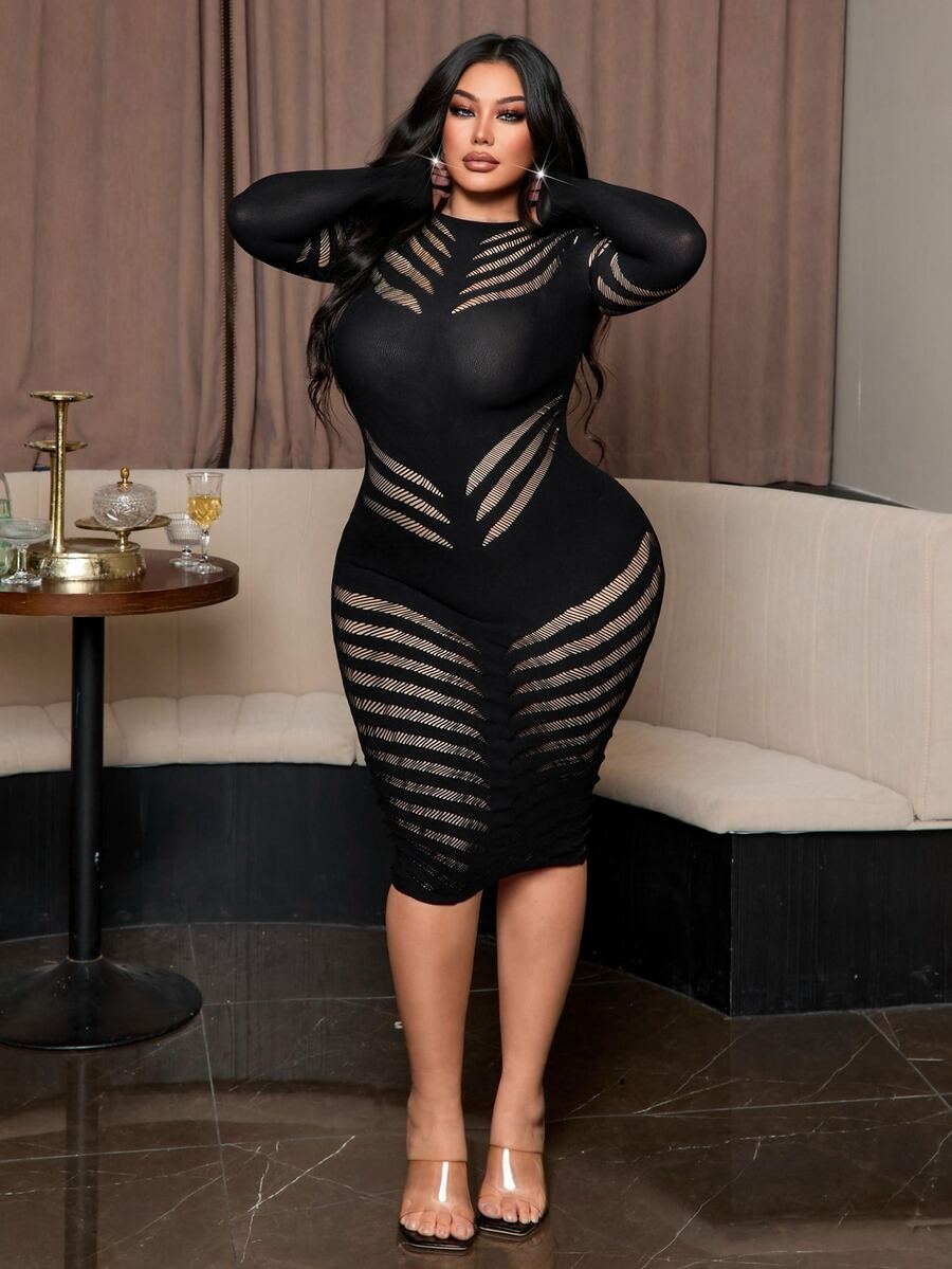 NU&NOW Women's Plus Size Sexy Hollow Out Fitted Dress Halloween Club Party Black Autumn Fall - Black - View 1
