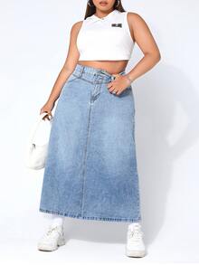 SHEIN CURVE+ 大尺碼休閒水洗牛仔裙 - 藍色 - 查看 3