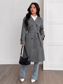 SHEIN PETITE 女款素色長袖保暖內裡休閒風衣 - 灰色 - 查看 4