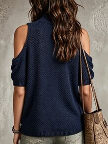 LUMIGAL Atasan Rajut Wanita Warna Polos dengan Kerah Tegak dan Bahu Terbuka - Navy Blue - View 2