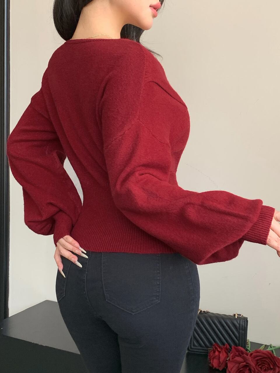 Women's Solid Color Dropped Shoulder Long Sleeve Button Design Sweater