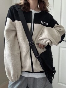 FRIFUL Women's Casual Streetwear Colorblock Patchwork Jacket, Autumn/Winter Everyday Travel Beige Everyday Going Out - Black - View 4