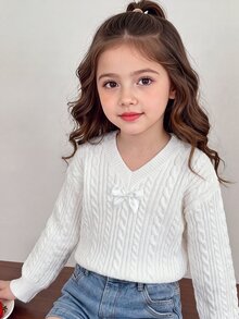 SHEIN 青少年女孩秋冬白色蝴蝶結V領套頭毛衣，優雅針織長袖上衣 - 白色 - 查看 3