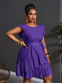 Slaydiva Đầm dáng rộng casual màu trơn gấu bèo nhún - Màu tím - Xem 8