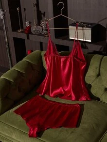 SilkySpell Wine Red Faux Silk V-Neck Embroidered Lace Trim Camisole & Shorts Plus Size Pajama Set - Burgundy - View 2