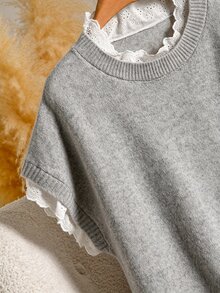 CosyJoli 大尺碼女款優雅法式休閒拼接蕾絲針織背心毛衣上衣，秋冬款 - 灰色 - 查看 6