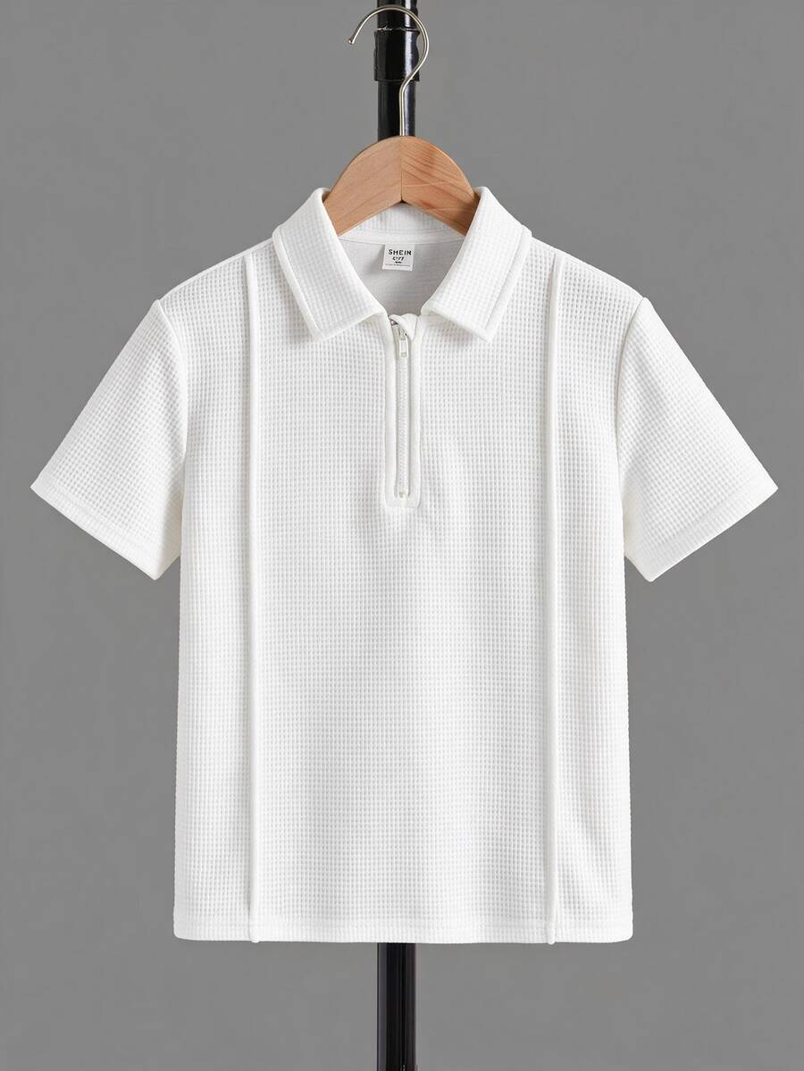 SHEIN 青少年男孩 1/4 拉鍊 Polo 衫 素色條紋休閒薄款日常穿著夏季款 - 彩色 - 查看 1