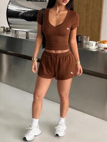 SHEIN EZwear 棕色刺繡針織運動服套裝，四季皆宜，適合室內穿著 - 棕色 - 查看 7