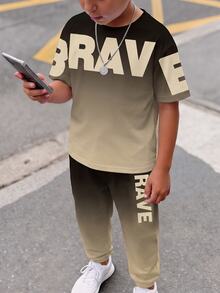 青少年男孩休閒舒適時尚極簡圓領短袖T恤與長褲套裝，經典酷炫深金色漸層圖案印花，經典文字圖形印花，適合運動 - 彩色 - 查看 5