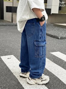 SHEIN 兒童小男孩休閒日常穿著工裝牛仔長褲，附口袋與鈕扣 - 深色水洗藍 - 查看 5