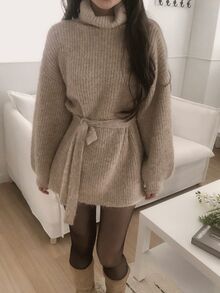 DAZY Women's High Neck Solid Color Long Sleeve Tie-Up Elegant Korean Style Sweater - Coffee Brown - View 5