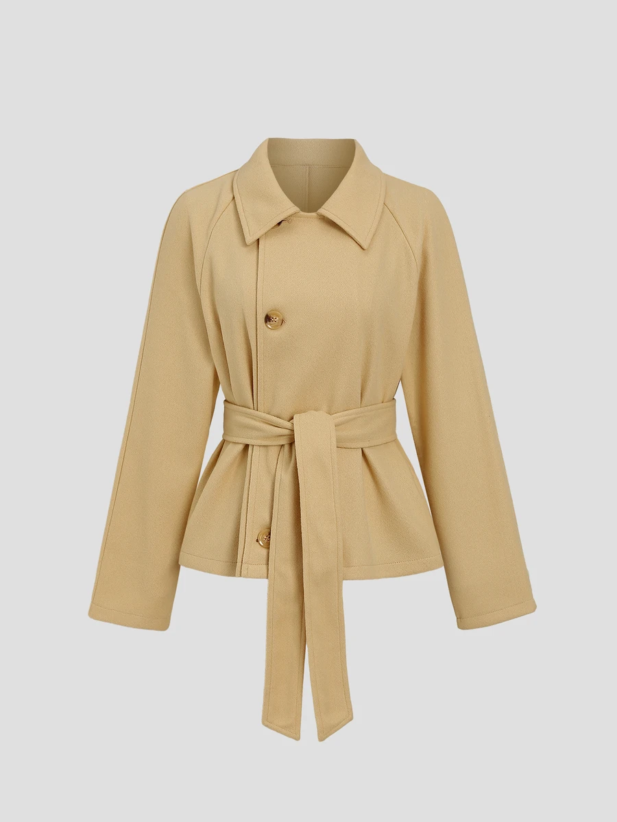 Sweetra Women's Spring Autumn Winter Coffee Camel Wool Blend Elegant Fashion Commuter Lapel Button Belt Tie Short Jacket - Apricot - View 1