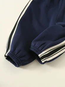 SHEIN 男女嬰兒適用，男嬰2件組秋冬加厚抓絨休閒可愛運動衫套裝，嬰兒冬季套裝，運動服，慢跑褲 - 藏蓝色 - 查看 6