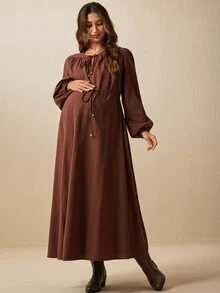 Boho Mama Maternity Vacation Casual Solid Color Dress - Brown - View 3