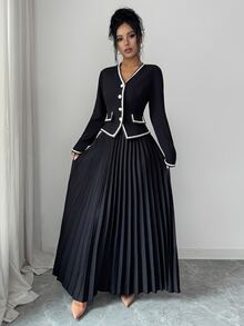 Elenzga Women's Contrast Color Trim V-Neck Long Sleeve Jacket And Long Pleated Skirt Elegant Set - Black - View 9
