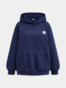 SHEIN Girlism 2件組青少年女孩純藍色冬季休閒度假返校復古寬鬆圖案秋季連帽衛衣與運動長褲保暖運動套裝 - 藏蓝色 - 查看 6