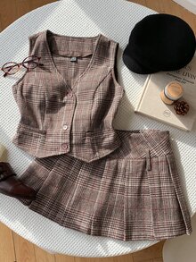 Comfortcana Plaid Tweed Back To School Academy Vest And Pleated Skirt Set - Multicolor - View 5
