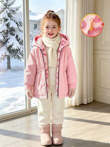 SHEIN Elladie kids 女童冬季嬰兒白色愛心保暖內裡拉鍊連帽衛衣，彈性腰圍加厚保暖時尚戶外通勤外套 - 粉色 - 查看 9