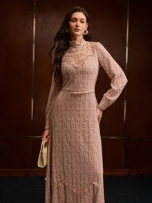 MOTF PREMIUM WOMEN'S AUTUMN/WINTER LACE MOCK NECK RUFFLE PATCHWORK CINCHED WAIST ASYMMETRICAL HEM DRESS - Dusty Pink - View 4