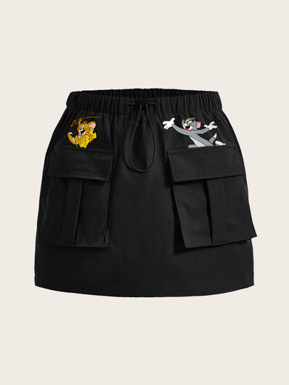 TOM & JERRY X SHEIN SHEIN EZwear تنورة قصيرة كاجوال يومية بطبعة كرتونية للنساء ذوات الحجم الكبير