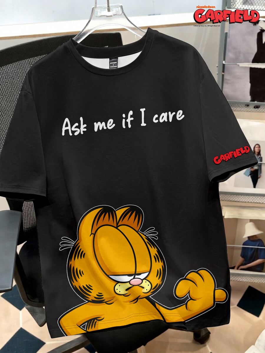 GARFIELD | SHEIN Daypath 男士標語印花圓領短袖休閒T恤 - 黑色 - 查看 1