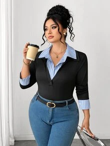 Elenzga Plus Size Women's Sexy High-End Contrast Color 2 In 1 POLO Collar Top, Spring Slim Fit Flattering Inner Layer Base Shirt, - Multicolor - View 4