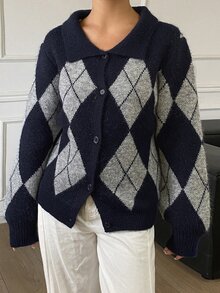DAZY Women's Autumn Loose Fit Long Sleeve Argyle Pattern Navy & Grey Contrast Color Vintage Style Cardigan Sweater - Royal Blue - View 5