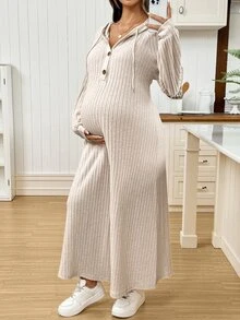 SHEIN Maternity Casual Solid Color Hooded Dress For Autumn - Apricot - View 6