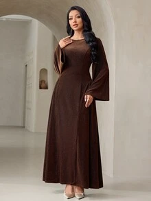 Veilorie Women's Elegant Bell Sleeve Arabian Dress - Coffee Brown - View 6